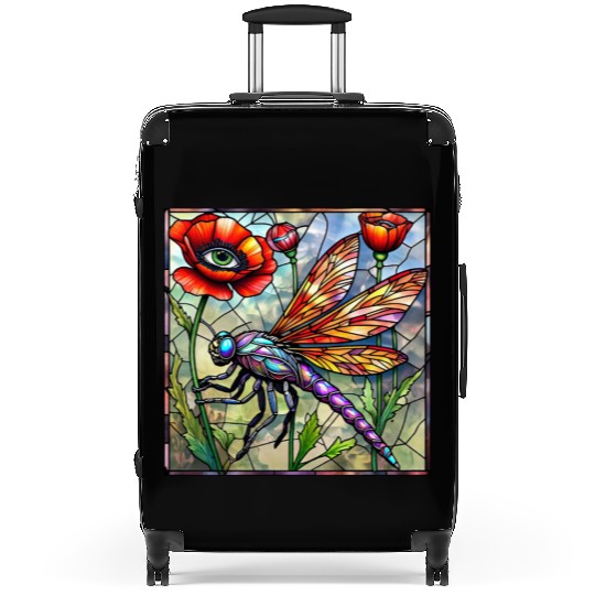 Dragonfly stained glass poppy flower insect eye Suitcases
