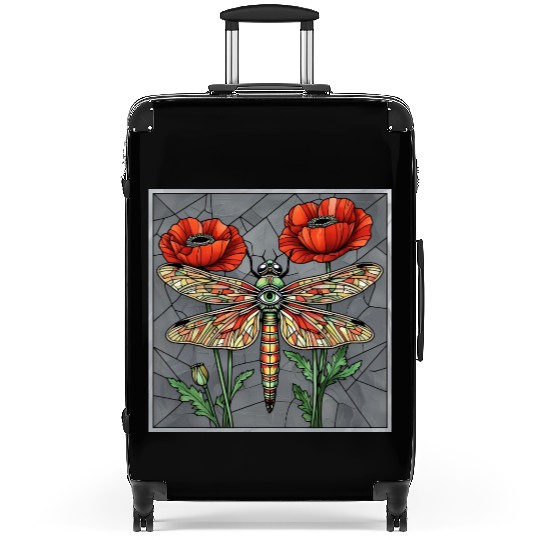 Dragonfly stained glass design vibrant poppy eye Suitcases