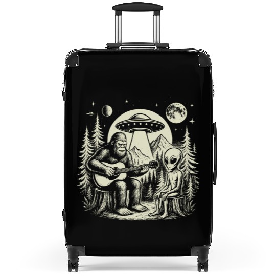 Bigfoot Playing Guitar With Alien And UFO Vintage Suitcases