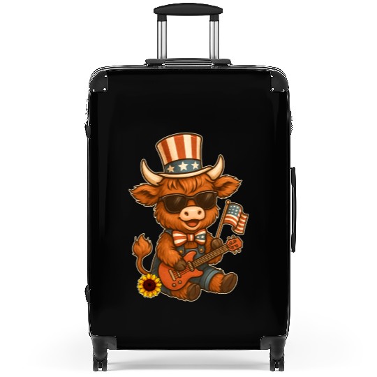 Funny Highland Cow Patriotic Outfit Playing Guitar Suitcases