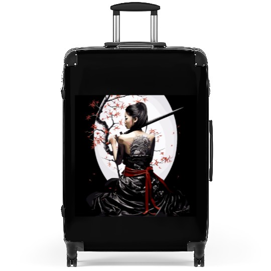 Samurai Serenity: Woman with Sword Under Cherry Suitcases