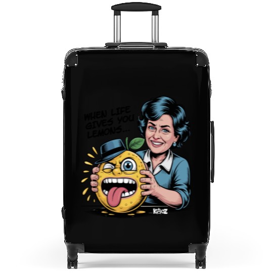 Smiling woman holding sour lemon cartoon face Suitcases