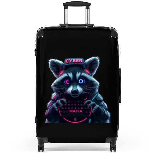 Cyber Raccoon with Neon Mafia Theme Suitcases
