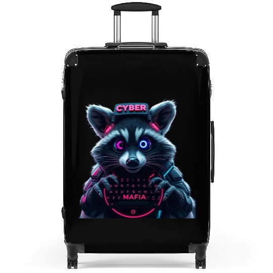Cyber Raccoon with Neon Mafia Theme Suitcases
