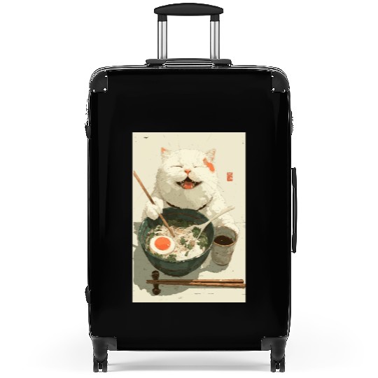 Happy White Cat Eating Ramen Suitcases