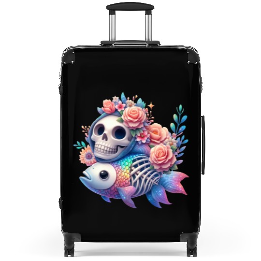 Whimsical Skull and Fish Floral Fusion Suitcases