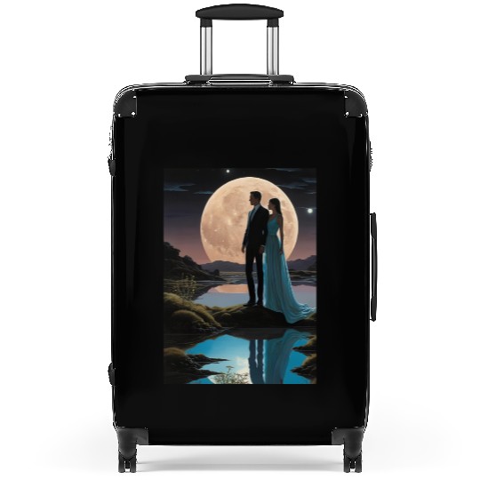 Romantic Moonlit Couple Illustration Suitcases
