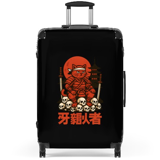 Samurai Cat with Skulls and Pagoda Suitcases