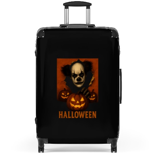 Eerie Clown with Jack-O-Lantern Pumpkins Suitcases
