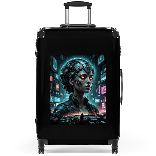 Futuristic AI Cyborg Portrait Suitcases