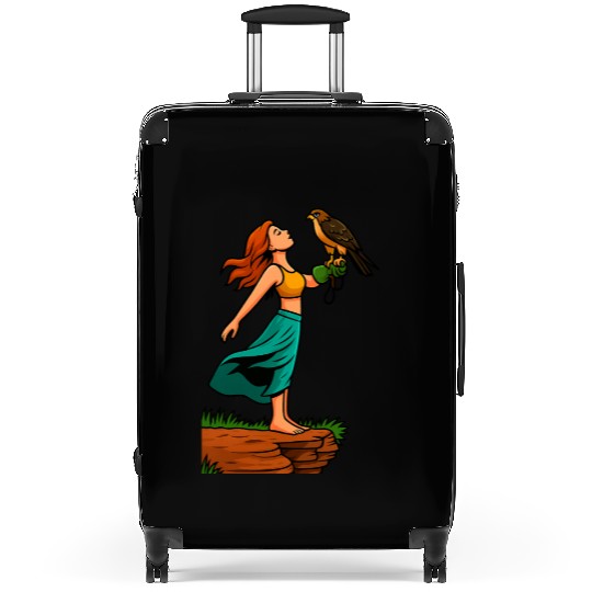 Woman with Hawk on Arm in Nature Scene Suitcases