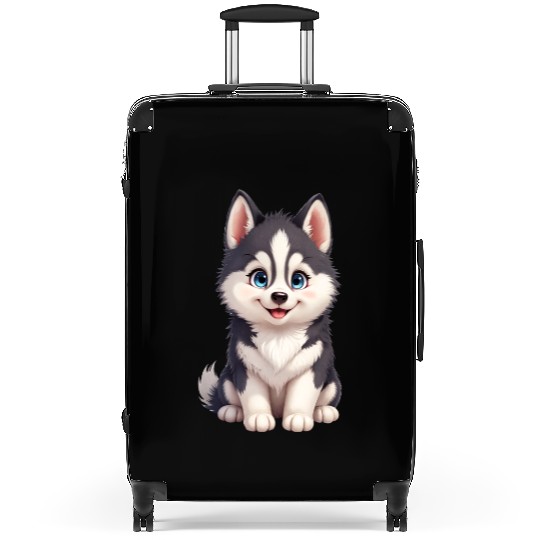 Playful Husky Cartoon Illustration Suitcases