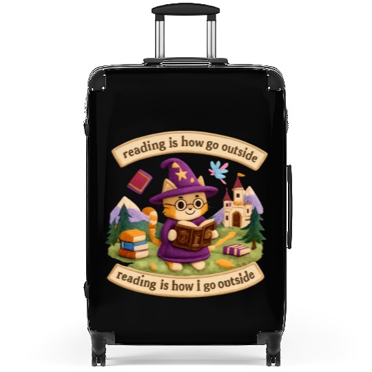 Whimsical Cat Wizard Reading Suitcases