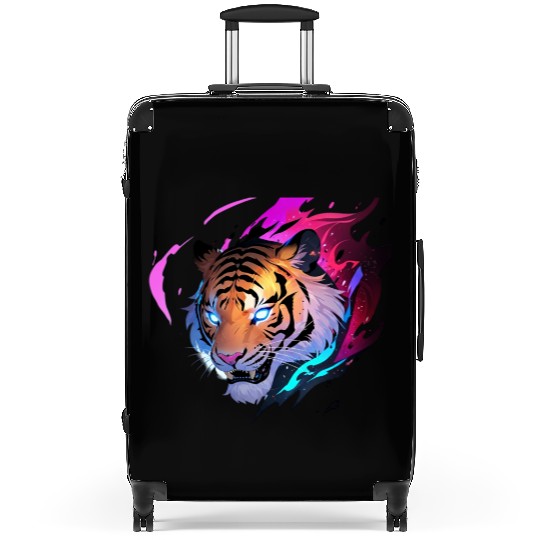 A fierce tiger head with glowing blue eyes Suitcases