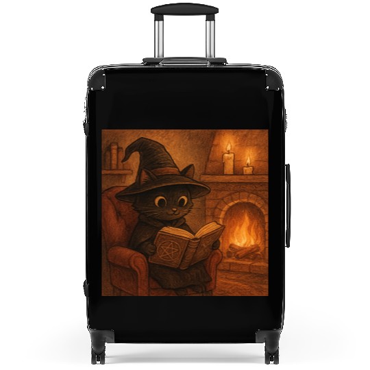 Enchanted Cat Witch by the Fireplace Suitcases