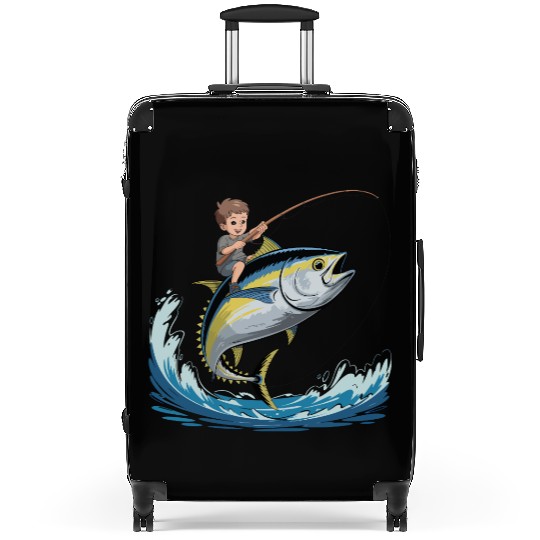 Joyful young boy rides massive jumping tuna Suitcases