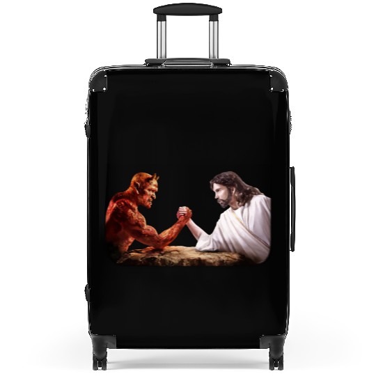 God arm wrestling Satan Suitcases