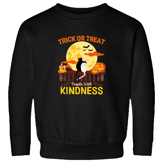 Cat Paws Retro Trick or Treat People With Kindness Cat Moon Halloween Sweatshirts