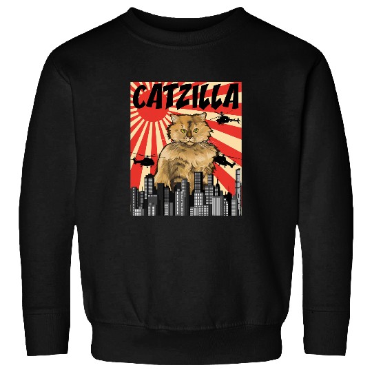 Cat Paws Retro Japanese Catzilla Selkirk Rex Cat Sweatshirts