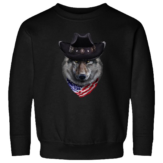 Cow Grey wolfs in Cowboy Hat Flag of USA Bandana Mooey Heifer Sweatshirts