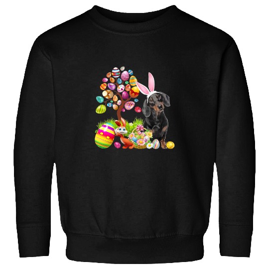Wiener BLACK Dachshund Easter Egg Tree Dogs Bunny Easters Day Dachshund Doxie Sweatshirts