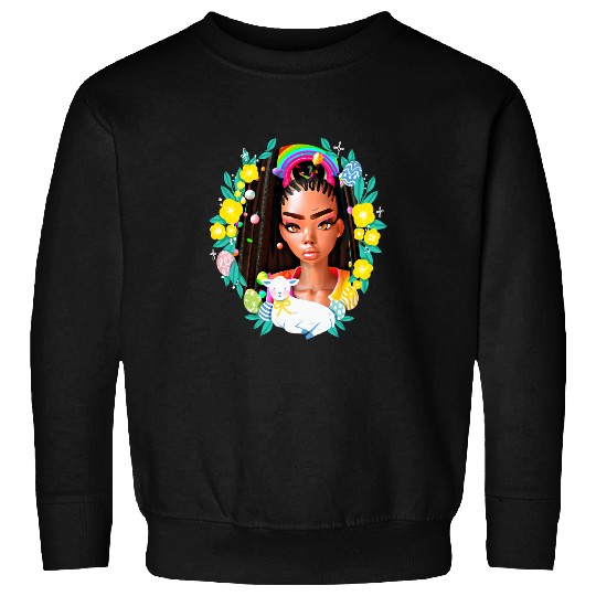 Black Girl Easter Magic Brown Skin Girls Spring Easter Lamb Sweatshirts