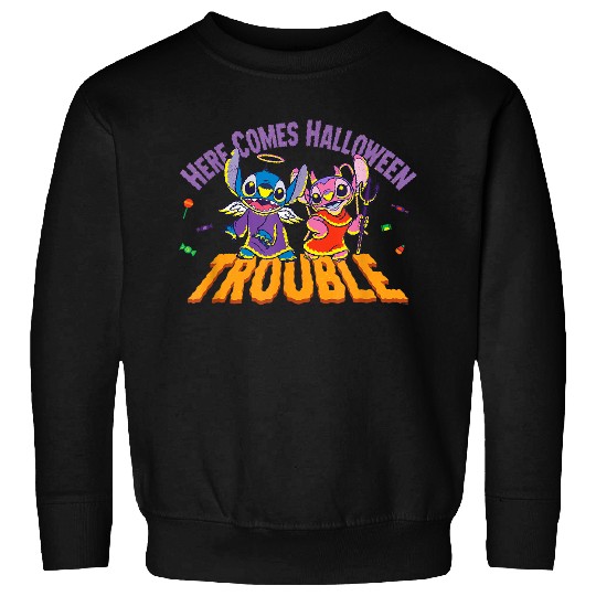 Disneyss Stitch Angel Here Comes Halloween Trouble Sweatshirts