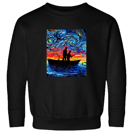 Father Son Fishing Trip Starry Night Boat Art by Aja Sweatshirts
