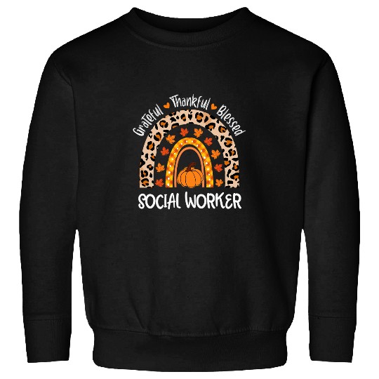 Grateful Thankful Social Worker Leopard Rainbow Thanksgiving Sweatshirts