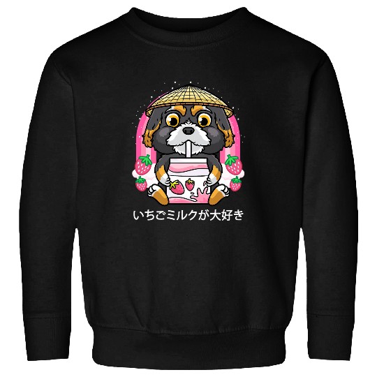 Bernedoodle Dog Drinking Strawberry Milk Strawberries Otaku Sweatshirts