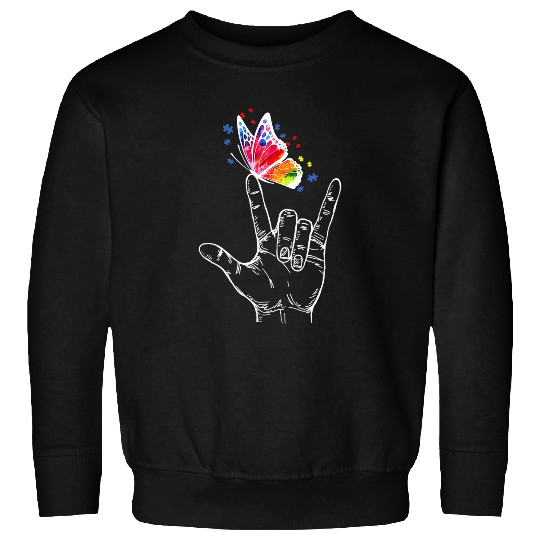 Autism Awareness Day I Love You Hand Sign Language Butterfly Neurodiverse Sweatshirts