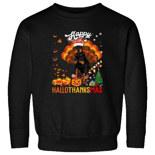 Dog Doberman Hallothanksmas Santa Turkey Pumpkin Doberman Dog Sweatshirts