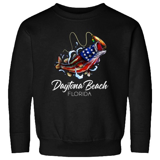 Fishing Daytona Beach Florida American Flag Bass Fish Fishing Fisher Sweatshirts