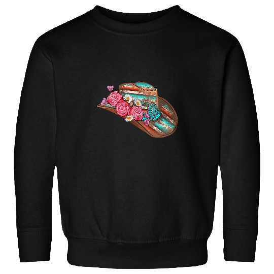 Floral Pink Cowgirls Hat Turquoise Valentines Western Country Sweatshirts
