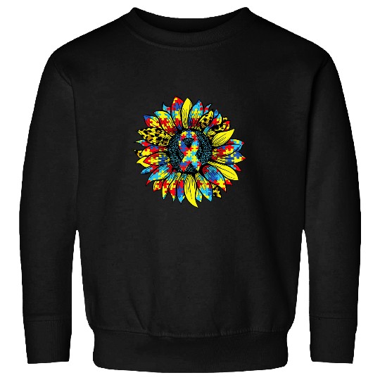 Autism Sunflower Puzzle Ribbon Autism Awareness Accept Love Mom Dad Neurodiverse Sweatshirts