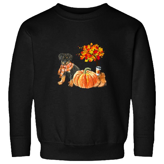 Dog Rottweiler Cute Rottweiler Scarf Pumpkin Spice Latte Autumn Leaves Fall Sweatshirts