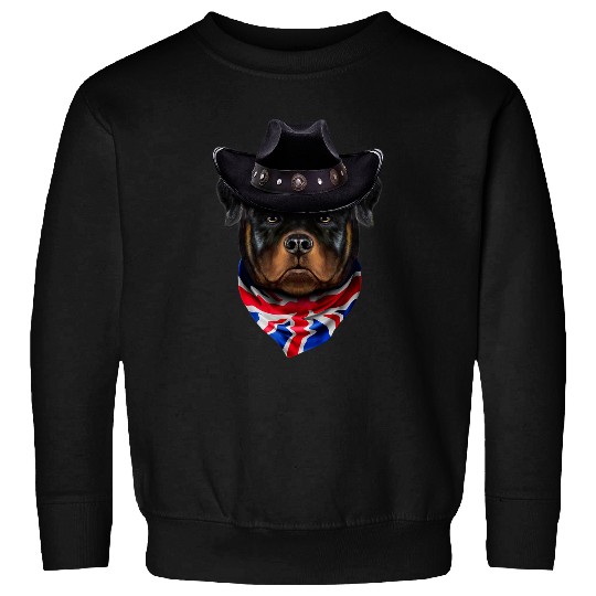 Dog Rottweiler in Cowboy Hat and Union Jack Bandana Sweatshirts