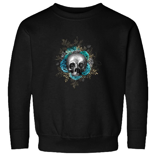 Floral sugar skull with turquoise flowers Art Design No 4 Sweatshirts