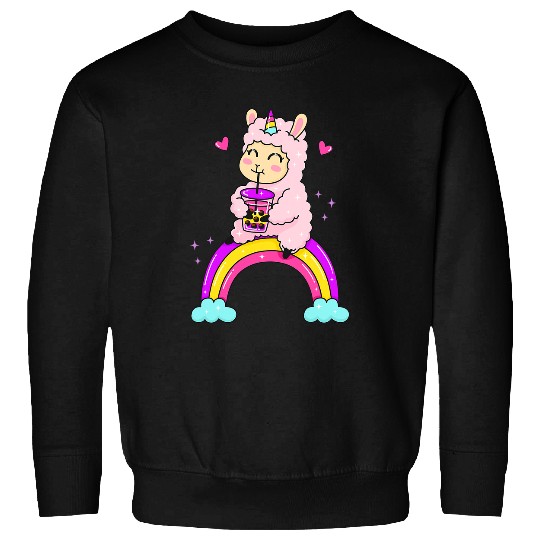 Cute Kawaii Unicorns Llama On A Rainbow Boba Bubble Tea Anime Sweatshirts