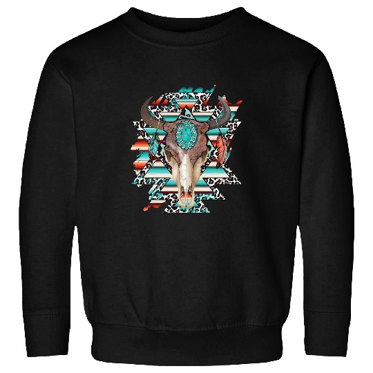 Boho Serape Turquoise Aztec Cow Bull Skull Western Cowgirl Sweatshirts