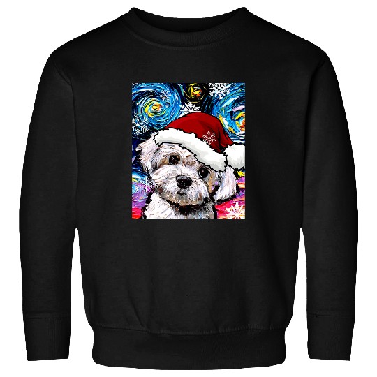 Dog Maltipoo in Santa Hat Starry Night Dog Christmas Art by Aja Sweatshirts