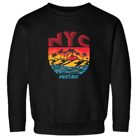 Surf Life Retro Montauk Beach Long Island Palm trees Ocean Surfing Sweatshirts