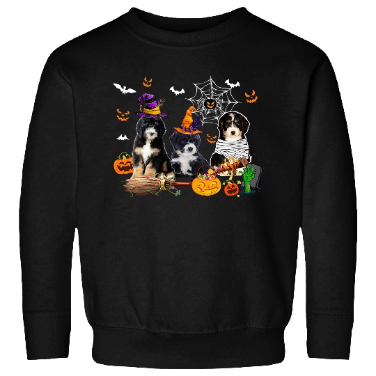 Three Bernedoodle Dogs Witch Halloween Mummy Scary Pumpkins Sweatshirts