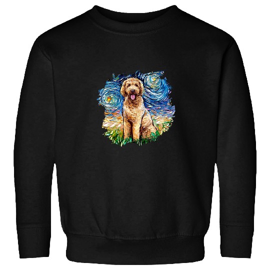 Goldendoodle Starry Night Cute Doodle Dog Art by Aja Sweatshirts