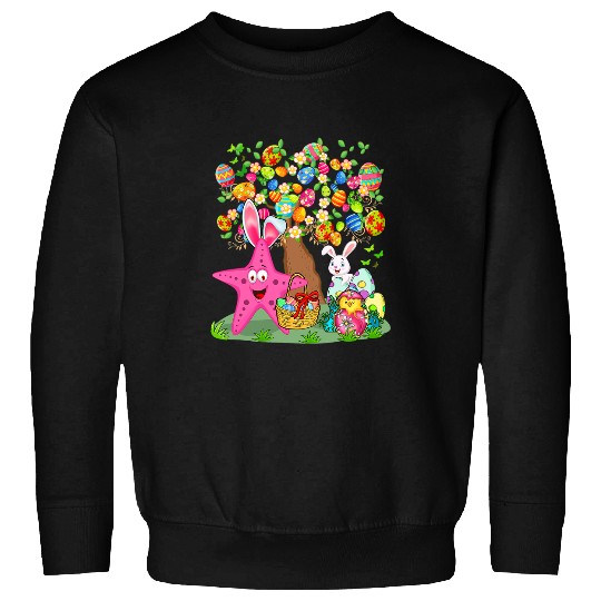 Bunny Starfish Hunting Easter Eggs With Chick Cute Tree Sweatshirts