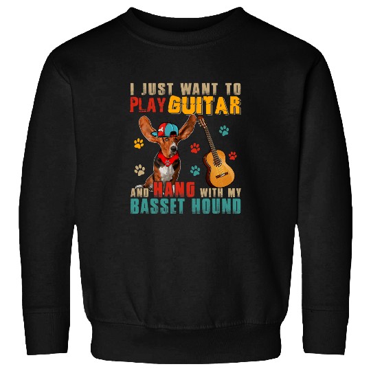 Dog Basset Hound vintages Play Guitar And Hang With My Basset Hound Guitarist Sweatshirts