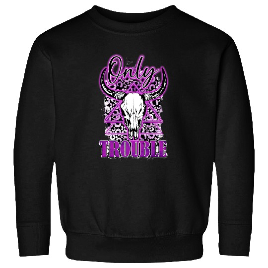 Skeletons Skulls Boho Bull Skull Only Problem Purple Leopard Western Country Skull Sweatshirts