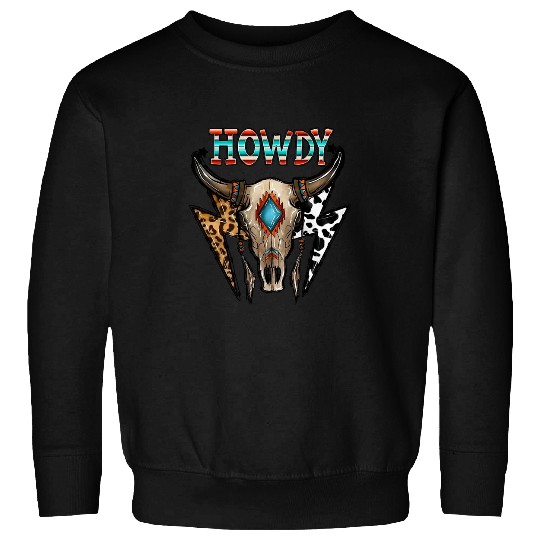 Skeletons Skulls Boho Bull Skull Howdy Leopard Lightning Western Country Skull Sweatshirts