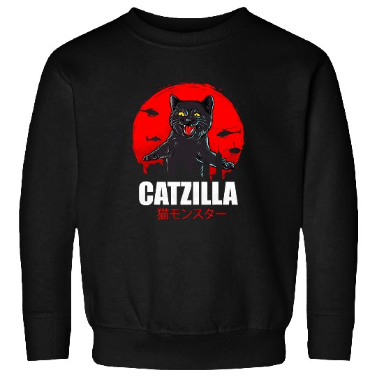 Catzilla Japanese Cat Retro Kanji Attack vintages Sunset City Sweatshirts