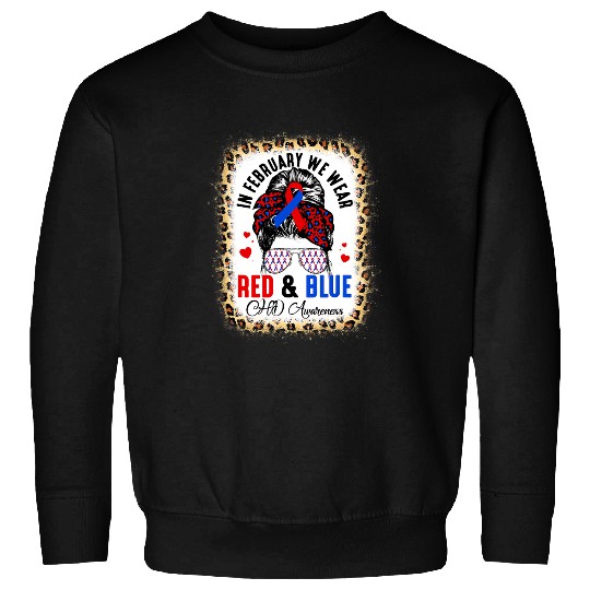 Messy Bun In February We Wear Red Blue CHD Awareness Women Sweatshirts